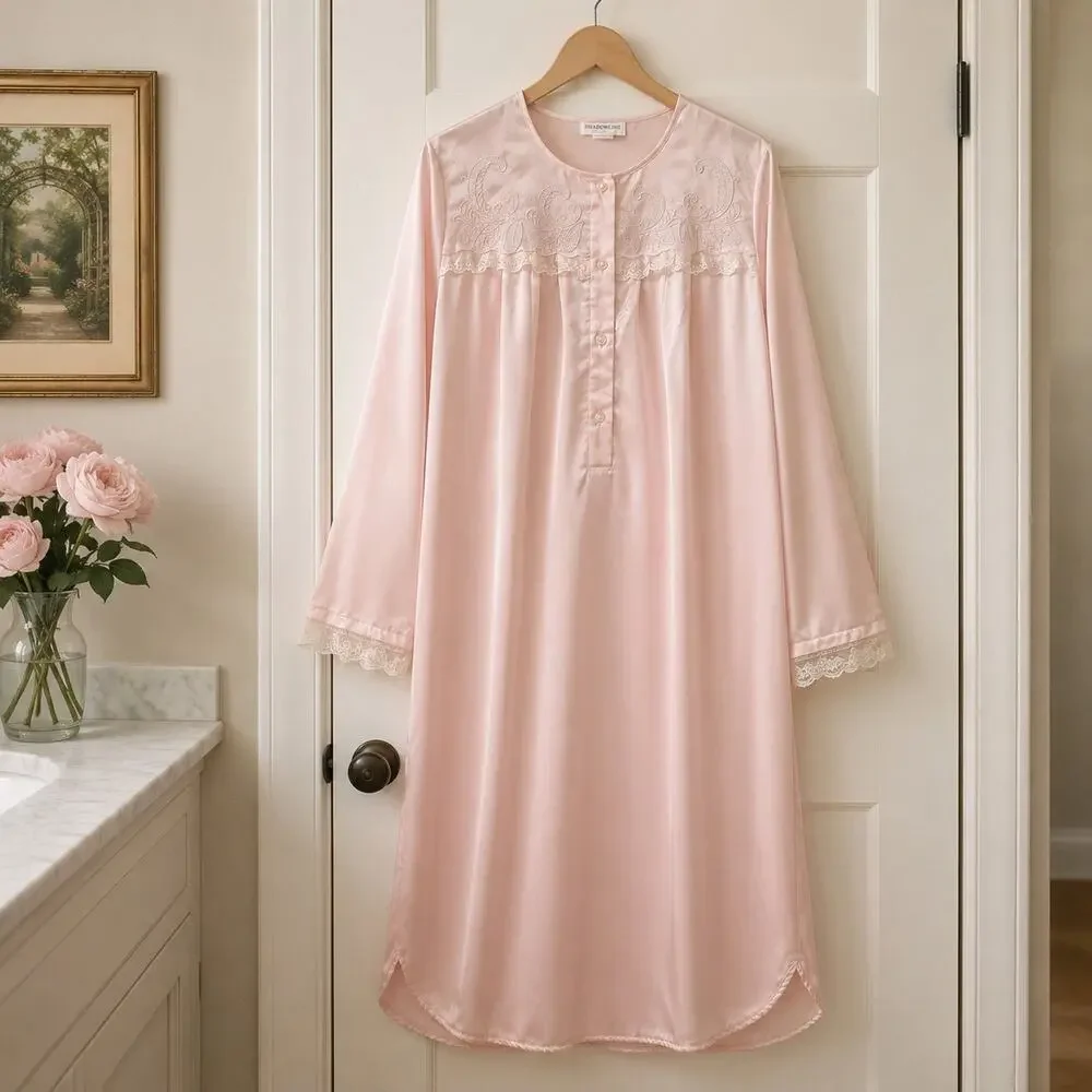 Shadowline Nightgown Women Large Pink Satin Lace Embroidery Long Sleeve Vintage